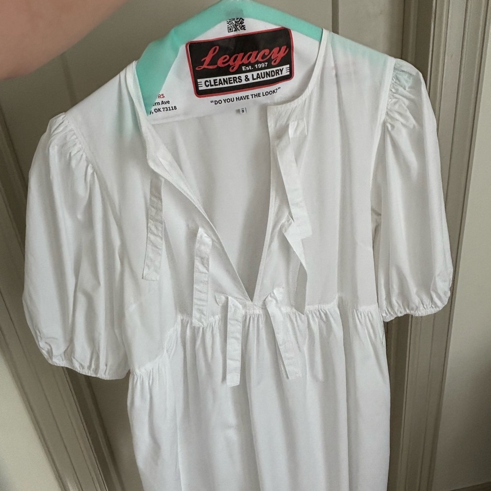 Ganni white poplin tie front dress with puff sleeves